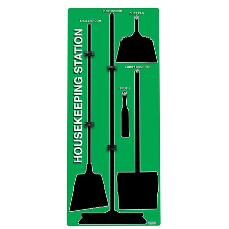 5S Supplies 5S Housekeeping Shadow Board Broom Station Version 1 - Green Board / Black Shadows  With Broom HSB-V1-GREEN-KIT